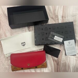 Authentic Used MCM Large Flap Wallet - Ruby Red